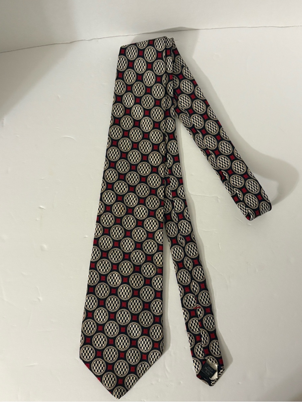 Feraud Men's Woven Silk Vintage Tie Black Red Beige Circle Pattern Vintage NWT